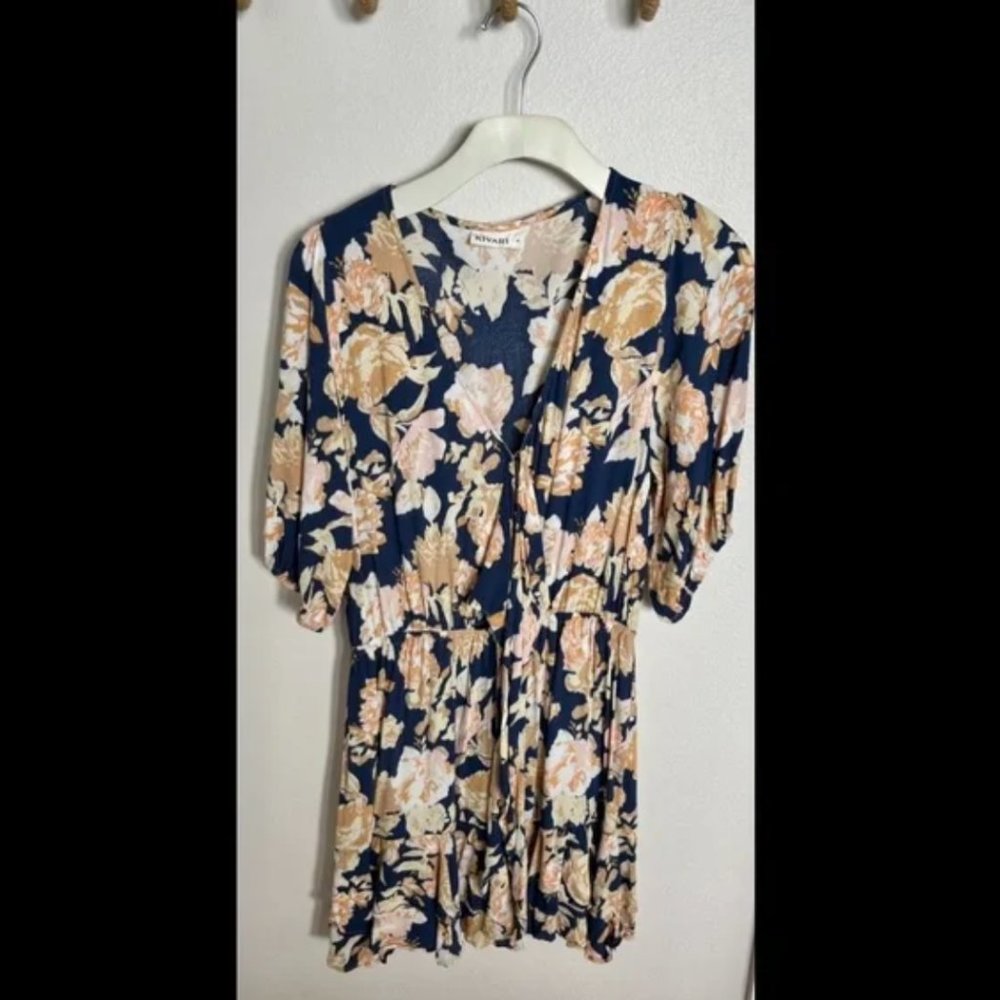 Kivari Briar Floral Tie Front Mini Dress Navy Peach Tiered Medium